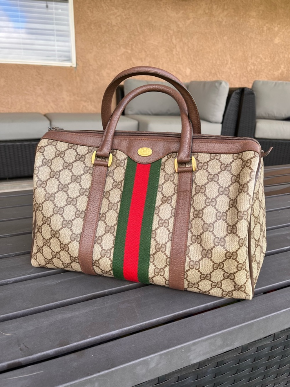 AUTH Gucci Monogram Sherry Line Boston Bag